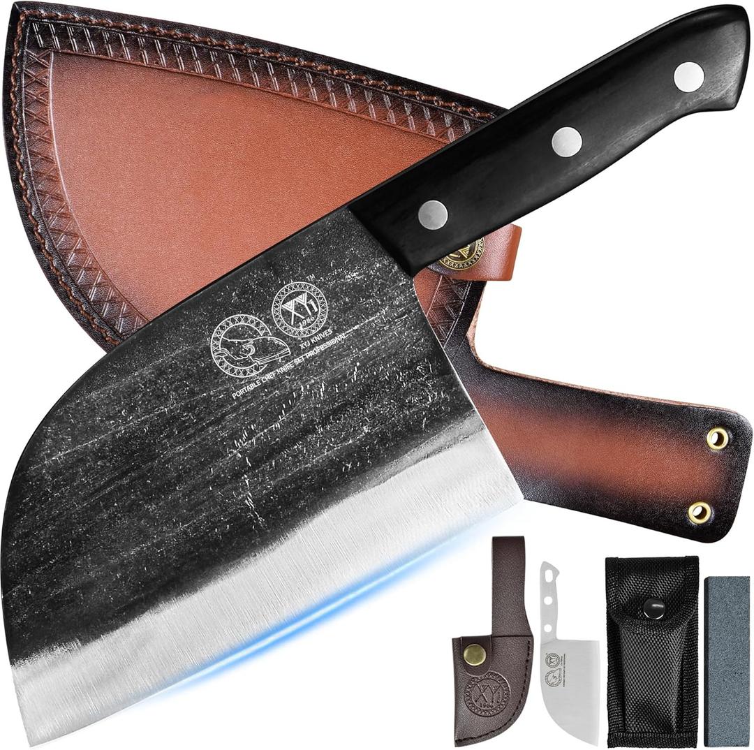 XYJ Authentic Since 1986,Outstanding Ancient Forging,6.7 Inch Full Tang,Serbian Chefs knife,Chef Meat Cleaver,Kitchen Knives,Set with Leather Sheath,Take Carrying,Butcher (Black)