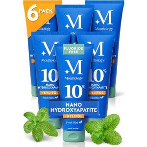 Mouthology 10% Nano Hydroxyapatite Toothpaste (6pk, Fluoride Free), Whitening*, Supports Enamel Care*, Appropriate for Sensitive Teeth*, SLS Free, Xylitol nHA Toothpaste Adults, Mint 4oz (USA Made) Best By 07/2028