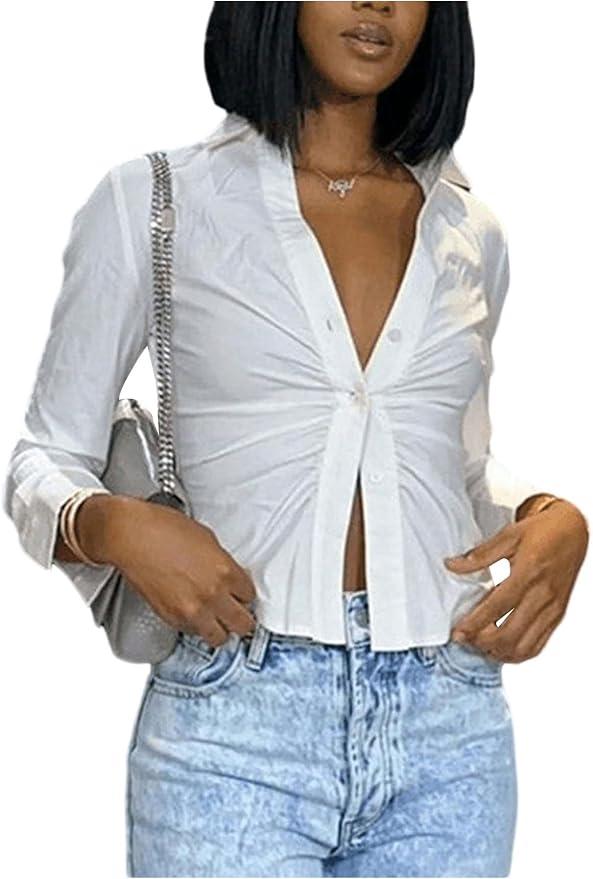 Women's Button Down Shirts Ruched Long Sleeve Blouses Slim Fit Fall Tops (White, M)