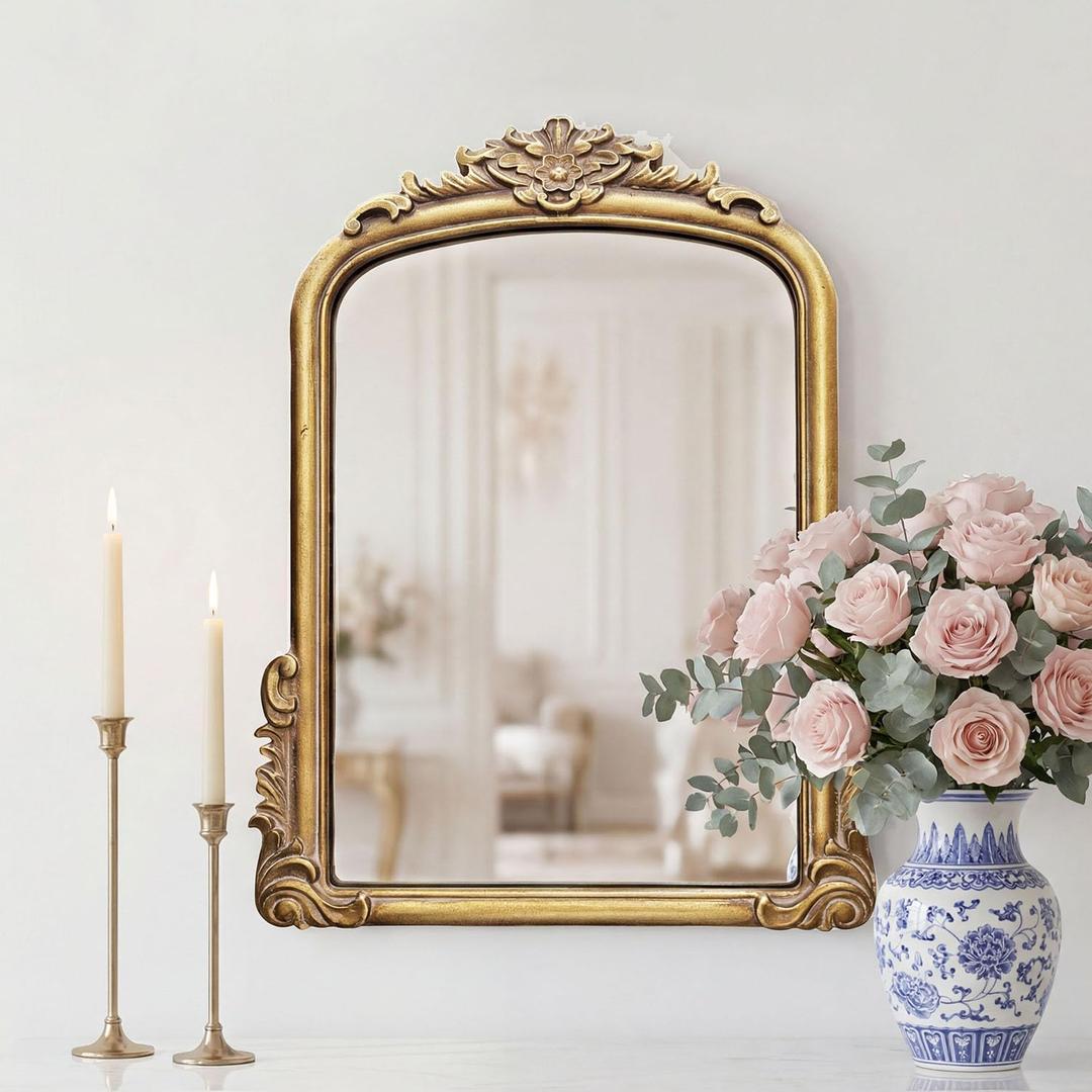 Vintage Arched Wall Mirror, Baroque Carved Frame, 22 x 15.8 Inch | Distressed antique gold finish, classic European style, handcrafted carved detailing, suitable for bathroom vanity, bedroom