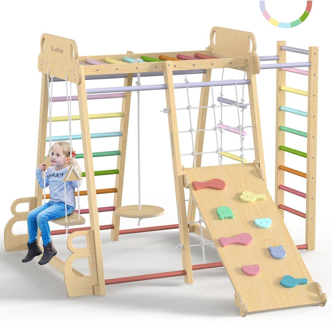 BlueWood Upgraded Indoor Jungle Gym 9-in-1 Playground Kids Climbing Toys
Waldorf Style Wooden Climber Playset with Slide, Swing, Monkey Bars, Upright/Rope Ladder, Climb Net, Rainbow