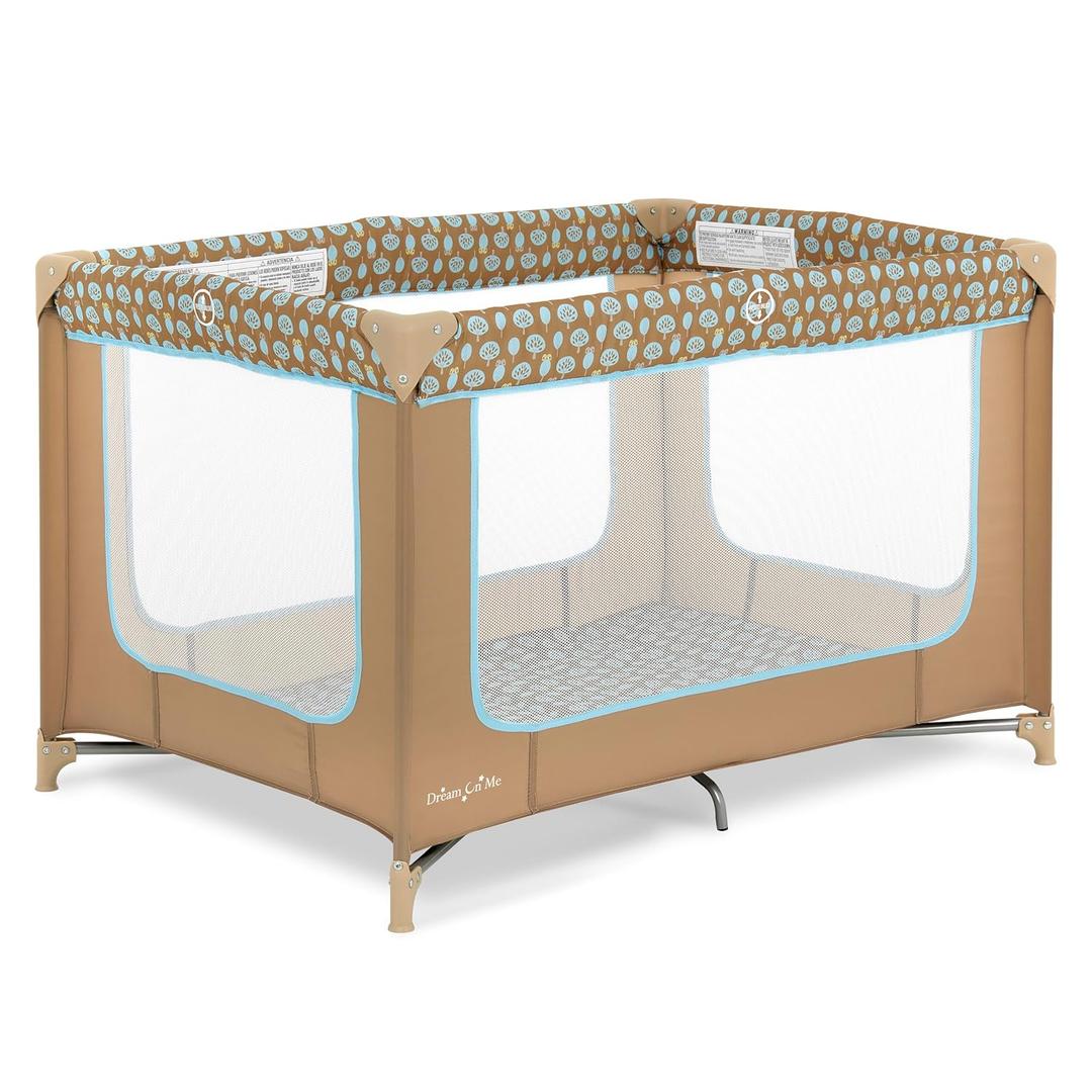 Dream On Me Zodiak Baby Playard, Breathable Mesh Sides, Soft Comfortable Mattress, Quick & Easy to Fold with Travel Carry Bag, Compact Space Saving Design - Coffee/Blue