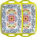 Large Serving Platter with Handles,19x12Large Rectangular Melamine Serving Tray Set of 2, Kitchen Food and BBQ Serving Platter, Talavera Grilling Prep and Serve Tray, Dishwasher Safe