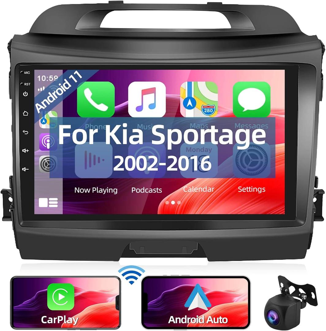 Car Radio for Kia Sportage 2010-2016 with Wireless Apple Carplay, HD 9" Touchscreen Android 11 Car Stereo with GPS Navigation, Android Auto, WiFi, Bluetooth, RDS FM, USB, Microphone, Backup Camera