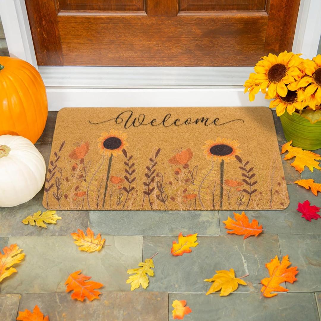 Fall Front Door Welcome Doormat - Natural Coir Non Slip Door Mat Porch Dcor for Outdoor Indoor Use 17" x 29" (Sunflower)