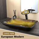 22 Inch Bathroom Vessel Sink with Waterfall Faucet and Pop-Up Drain Combo,Rectangular Bathroom Sink Above Counter Gold Artistic Glass Sink with Black Rim, 22.4x14.4x3.6 inches