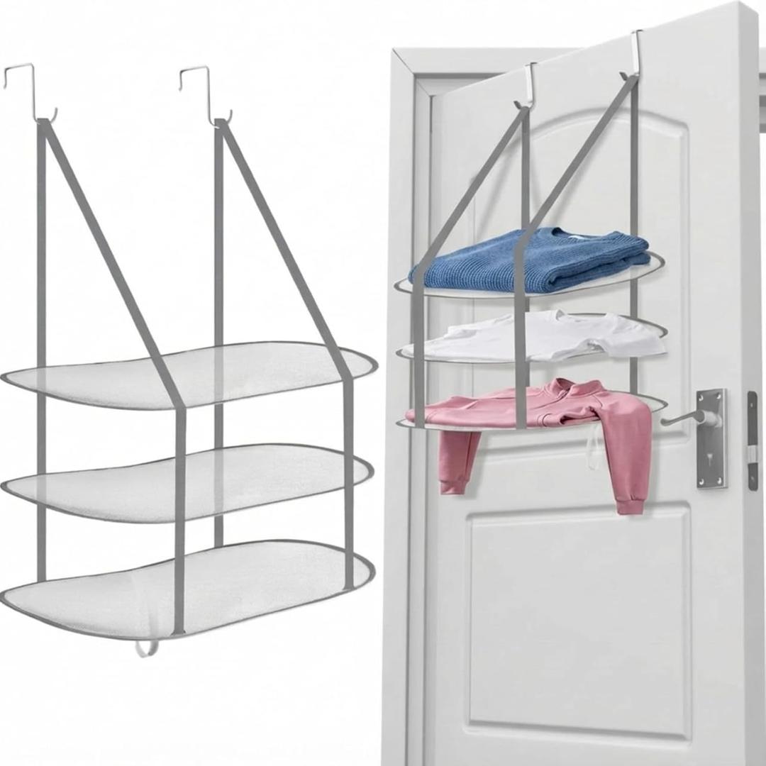 2 Pcs 3 Tier Sweater Drying Rack Flat Over The Door Folding Drying Rack Large Lay Laundry Hanging Dryer Mesh Clothes Dry Hanger for Apartments Dorms Bathrooms (Gray,26.5 x 18 x 34.5 Inch)