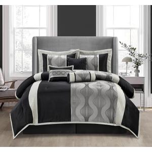 Stratford Park Black and Silver Comforter Set,Elegant 7 Pieces Queen Size Striped All Season Bedding Set