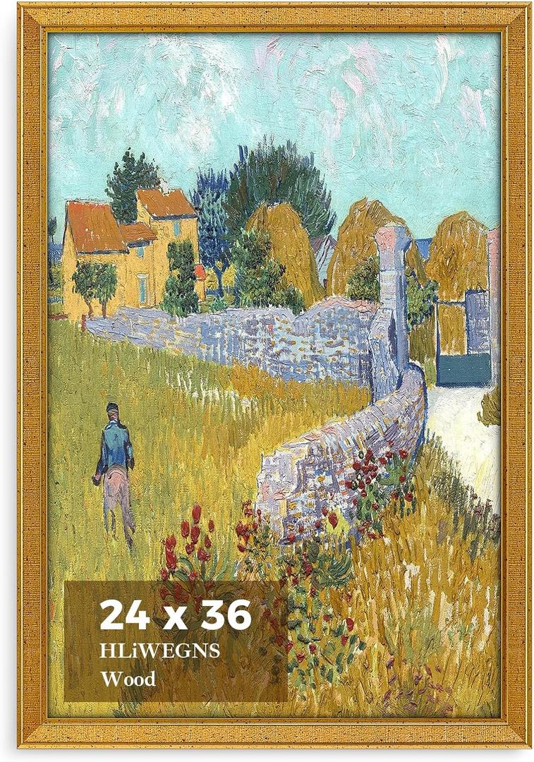 HLiWEGNS 24x36 Gold Ornate Wood Picture Frame, Single Pack, Classic Textured Frame for 24 x 36 Poster Art Display, Gallery Wall Decor