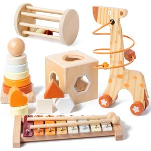 Montessori Toys for 1-3 Year Old, Baby Toys 12-18 Months, Wooden Stacking Rings Toy for Toddlers, Shape Sorting Cube, Xylophone, Preschool Sensory Developmental Educational Toy for Babies