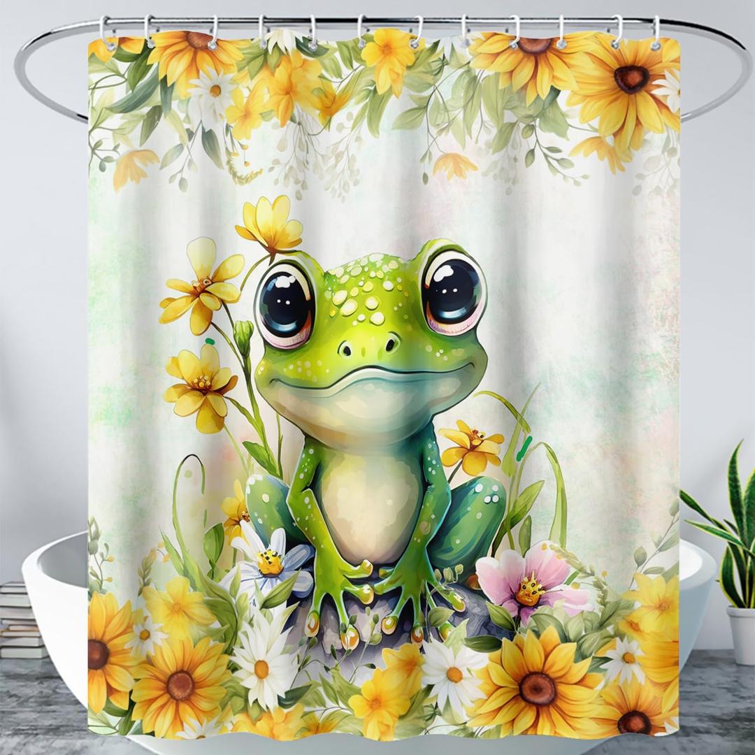 AILONEN Green Frog Shower Curtain,Cute Cartoon Frog Waterproof Fabric Shower Curtain for Bathroom,Beautiful Sunflower Kawaii Tree Frog Shower Curtain Set with Hooks for Kids Boys Girls,72" W*78" H