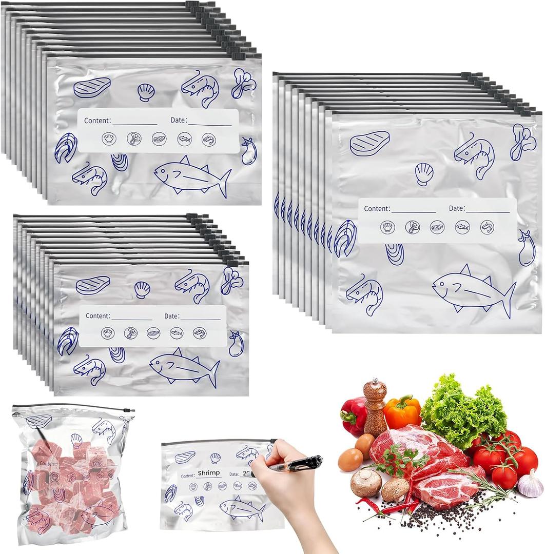 30PCS Reusable Aluminum Foil Sealable Storage Bags, Thicken Stand Up Foil Sealable Bags with Label and Zip Lock, Resealable Vacuum Zipper Pouches for Food, Vegetable Fruit Meat