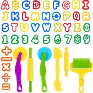 Dough Tools 47 PCS Dough Play Tools Set for Kids, Plastic Alphabet Numbers Cutters, Rollers, Rolling Pins (Multicolored)
