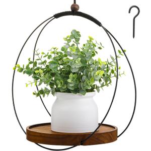1 Pack Hanging Planters for Indoor Black Plant Hanger with Round Wood Base Large Indoor Hanging Plant Shelf Boho Holder Gift for Mom,Housewarming (9.8 '')