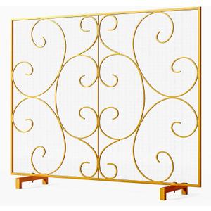Kingson Single Panel Decorative Flat Fireplace Screen Stand Alone Cover Handcrafted Durable Metal Mesh, Heat-Resistant Free Standing Fireplace Spark Guard Mesh 37.8" L x 8.8" W x 30.7" H Gold