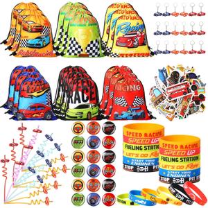 Sadnyy 140 Pcs Race Car Party Favors Racing Birthday Party Decorations Supplies Drawstring Bags with Silicone Bracelets Keychains Straws Button Pins Stickers for Goodie Bags Stuffers
