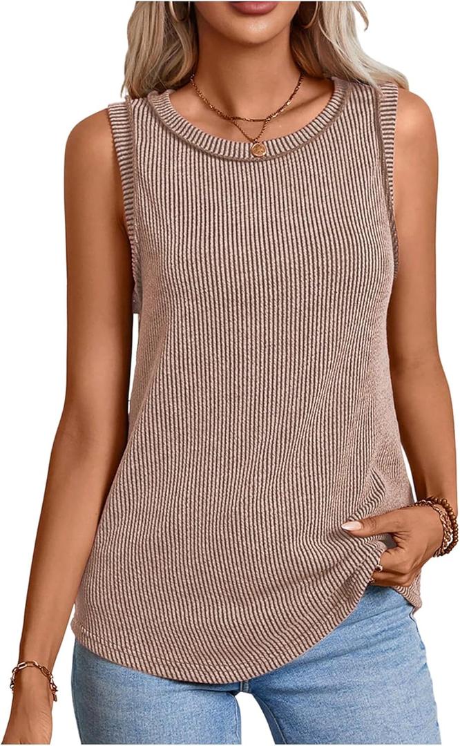 SOLY HUX Women's Tank Tops Crew Neck Sleeveless Ribbed Knit Casual Summer Top (Brown, XXL)