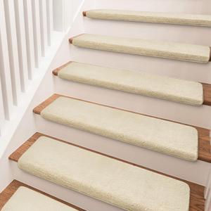 PURE ERA Bullnose Carpet Stair Treads Ultra Plush Beige 2 Pcs | 30x9.5 Inch Self Adhesive Non Slip Soft Stair Carpet for Wooden Step Indoor, Reduce Noise for Stairs, Washable and Reusable