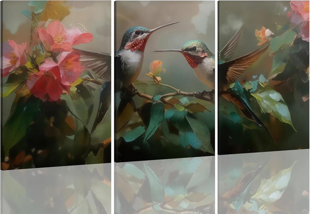 Oulores 3 Piece Hummingbird Canvas Wall Art Vintage Style Foral Bird Wall Decor Paintings Green Hummingbird Picture Prints Home Decor for Living Room Bedroom Office 16 * 24 in（Canvas