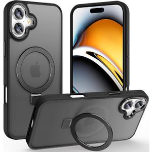Magnetic for iPhone 16 Plus Case with Ring Stand, [10 FT Drop Protection] [Velvety Touch] Slim Translucent Matte Back Shockproof Phone Case for iPhone 16 Plus 6.7'', Space Black