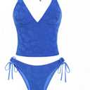seamoly Women's Tankinis Striped Halter String Tie Side 2 Piece Tankini Sets Swimsuit (Medium, Blue-06)