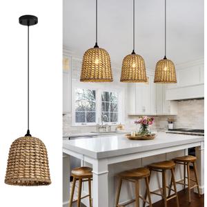 Mini Rattan Pendant Light Fixtures,9.5" Boho Pendant Light,3-Pack Hand Woven Seagrass Rattan Chandelier for Dining Living Bedroom Kitchen Farmhouse