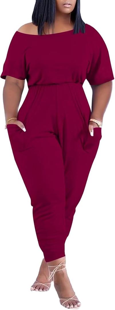 acelyn Casual One Piece Loose Jumpsuit for Women Summer Plus Size Overalls Off Shoulder Pockets Romper (Large, 015-wine Red)