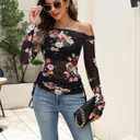 CiCiBird Womens 2025 Fall Off Shoulder Tops Long Sleeve Floral Mesh Shirts Trendy Going Out Outfits (L)
