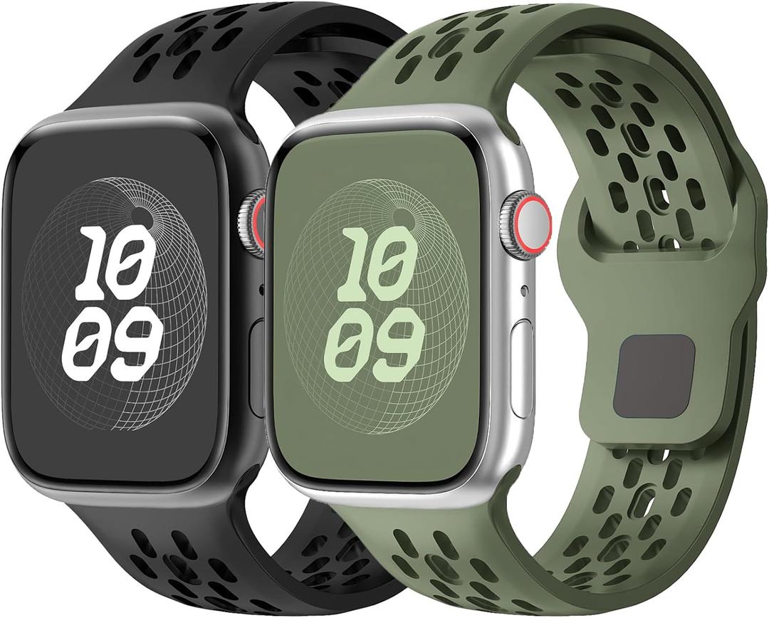 Sport Band for Apple Watch Band 44mm 46mm Ultra 49mm 45mm 40mm 41mm 38mm 42mm Men Women,Silicone Breathable Strap for Apple Watch Ultra/2/3/Series 11 10 9 8 7 6 5 4 3 SE/2nd/3nd,iWatch Bands (03-black/green)