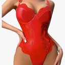 Women Leather One Piece Lingerie Underwire Lace V Neck Nightgown Babydoll Bodysuit ,Size L