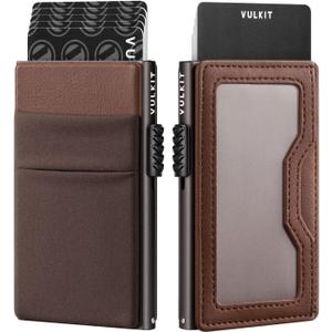 VULKIT Minimalist Wallet with ID Window & EDC Pocket Pop Up Card Holder RFID Blocking Slim Wallet Design for Airtag Cash Coins & Credit Cards (Espresso)