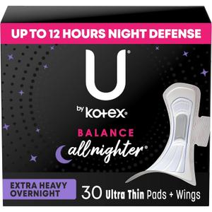 U by Kotex Balance Pads with Wings, Ultra Thin, Overnight, Extra Heavy Absorbency, 30 Count