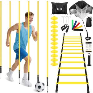 GHB Soccer Agility Training Equipment, 6 Agility Poles, 20ft Speed Ladder, 12 Disc Cones, Resistance Parachute, Jump Rope, 5 Resistance Bands, Soccer Training Poles for Speed Agility Training (Yellow)