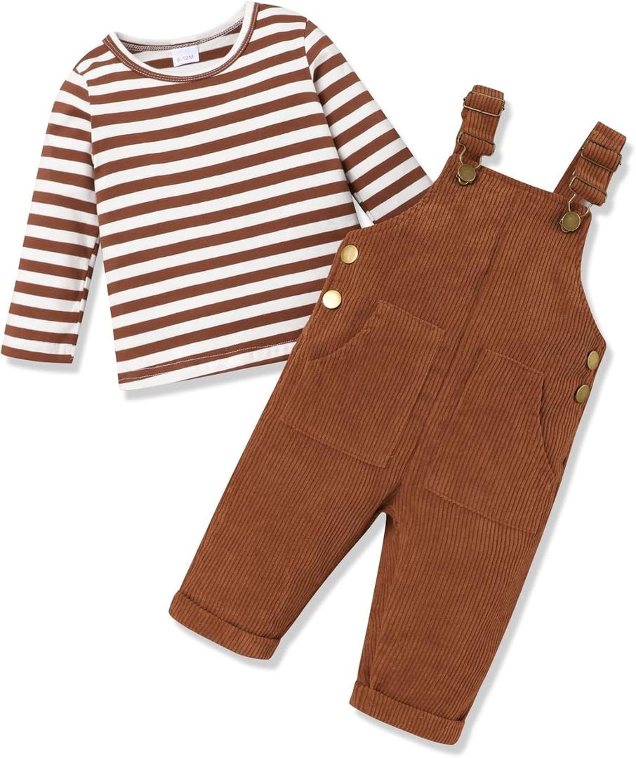 Baby Boy Clothes Long Sleeve Top and Botton Suspender Pants Baby Boy Winter Clothes (6-12 Months, Brown)