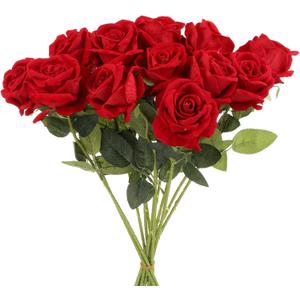uxcell 12 Pcs Bright Red Roses Artificial Flowers, Velvet Rose Real Touch Fake Roses with Stems for Home Decor Wedding Bouquet Hotel Office Decor