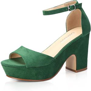 CAMSSOO Platform Heels for Women Chunky Heel Open Toe Ankle Strap Suede Wedges Sandals Wedding Office Dress Shoes (Green)