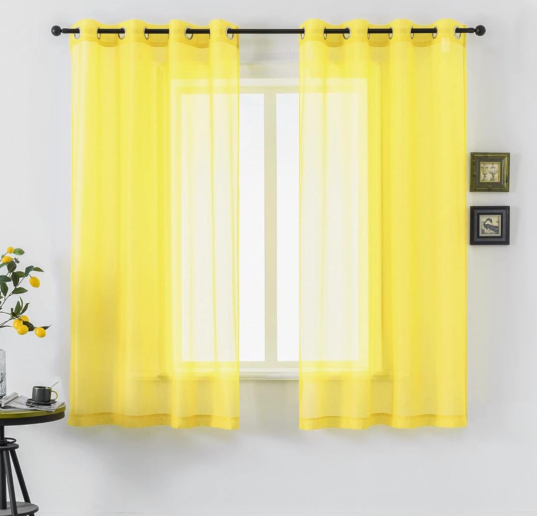 DUALIFE Bright Yellow Sheer Curtains 54 Inch Length for Kitchen 2 Panels Grommet Semi Sheer Short Curtains for Bathroom Small Windows Basement Vibrant Lemon Yellow Wide 52 by L54 Inches Long