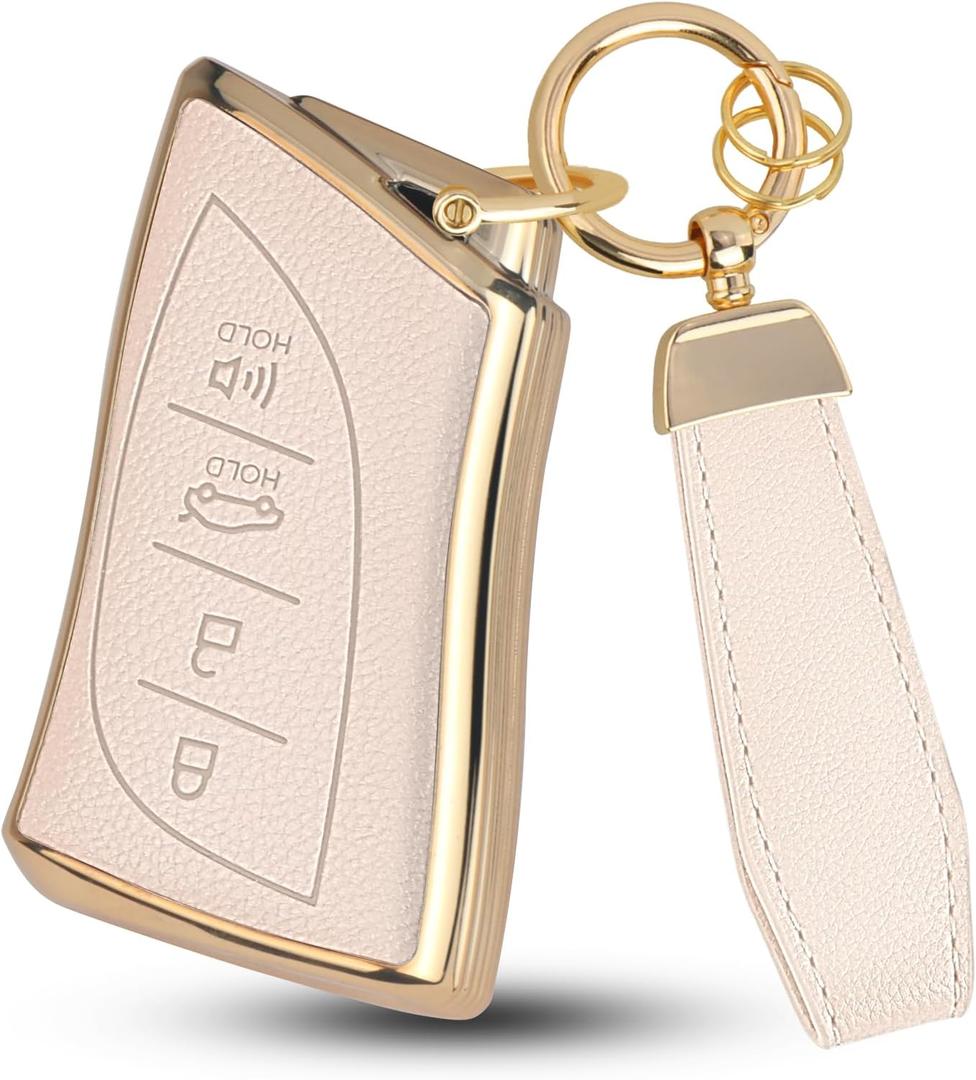 QBUC for Lexus Key Fob Cover with Keychain,Upper Leather + Soft TPU Car Key Case Shell for Lexus 2018-2025 ES350 ES300h UX200 RX350 RX450h NX300h GX460 TX550 LX600 LS500 LC500h,4 Buttons(Beige)