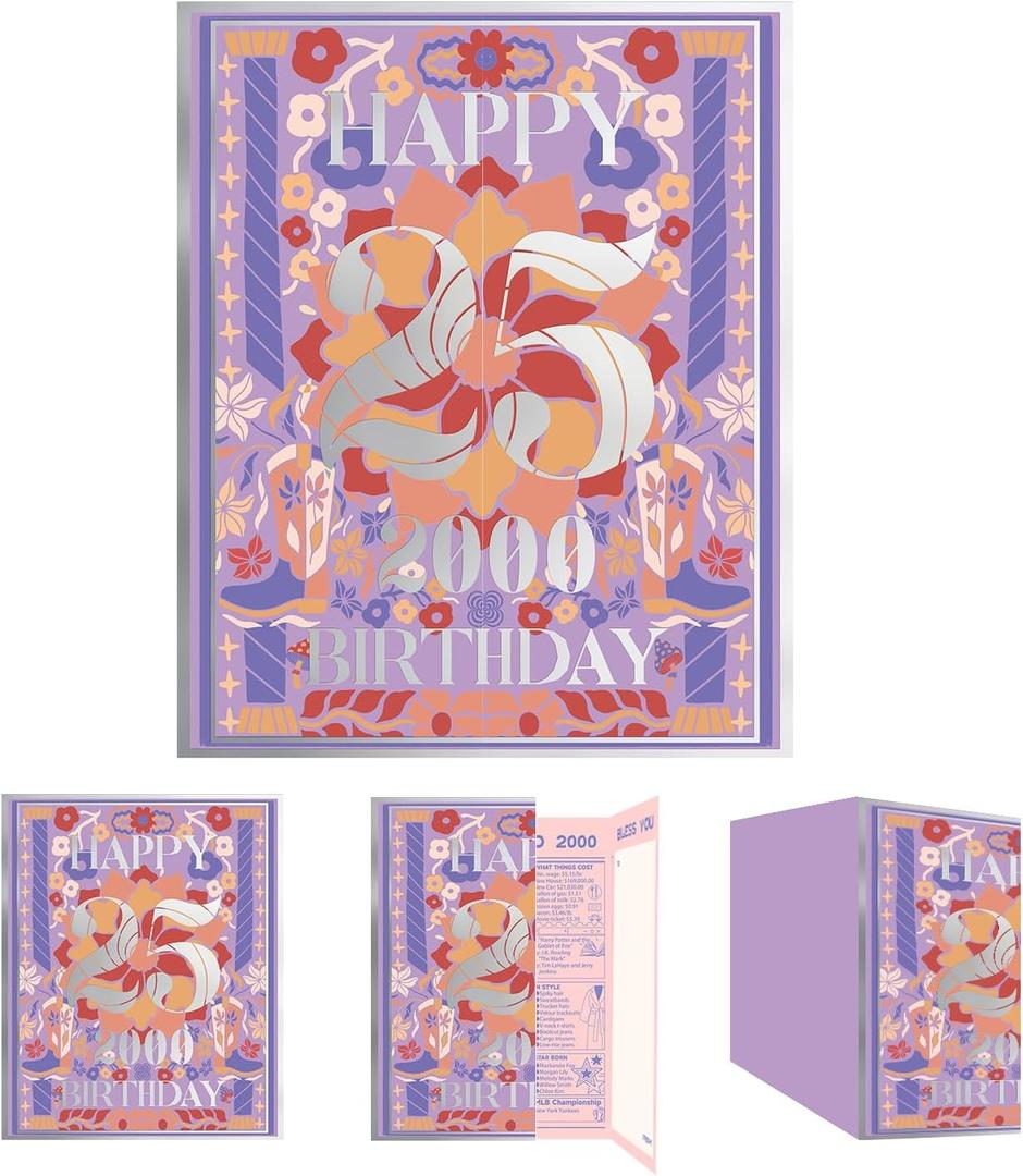 4 x qiqee 2025 25th Birthday Greeting Card, 25 Years Old Birthday Gift Card,Memory Back In 2000Envelope
