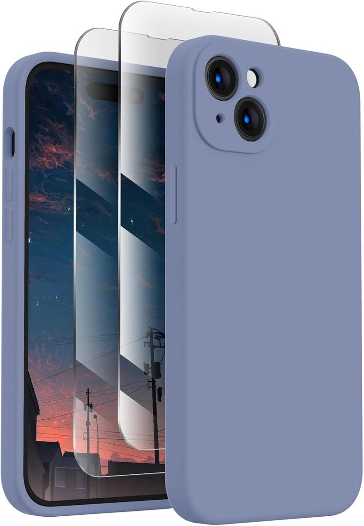FireNova Designed for iPhone 15 Plus Case, Silicone [Camera Protection] Case with [2 Screen Protectors], Soft Anti-Scratch Microfiber Lining Inside, 6.7 inch, Lavender Gray
