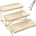 YOLIFE 3 Tier Serving Tray for Party, Display Fruit Dessert Tiered Tray Stand, 14 inch Beige Platters with Collapsible Sturdier Gold Iron Rack