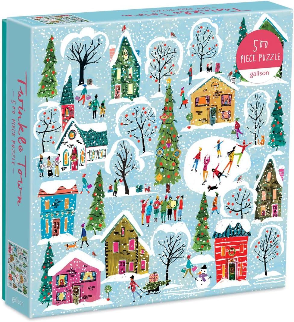 Galison Twinkle Town 500 Piece Puzzle from Galison  Featuring Colorful and Whimsical Illustrations of a Festive Snowy Town, 20" x 20", Makes a Wonderful Gift