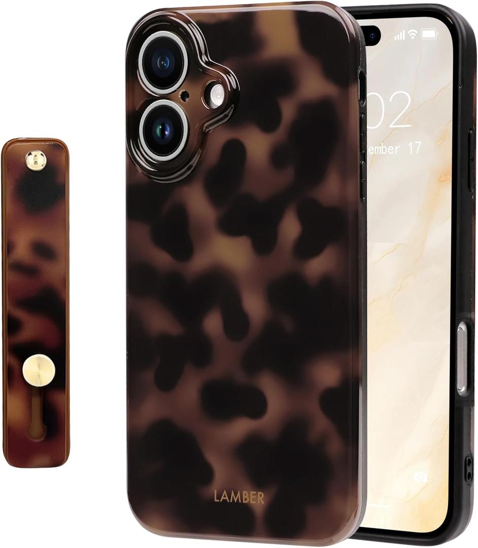 NITITOP Compatible for iPhone 17 Case with Wrist Strap Cute Stylish Leopard Print Amber Tortoise for Women Girls Men Soft TPU Shockproof Protective Cover - Brown Leopard