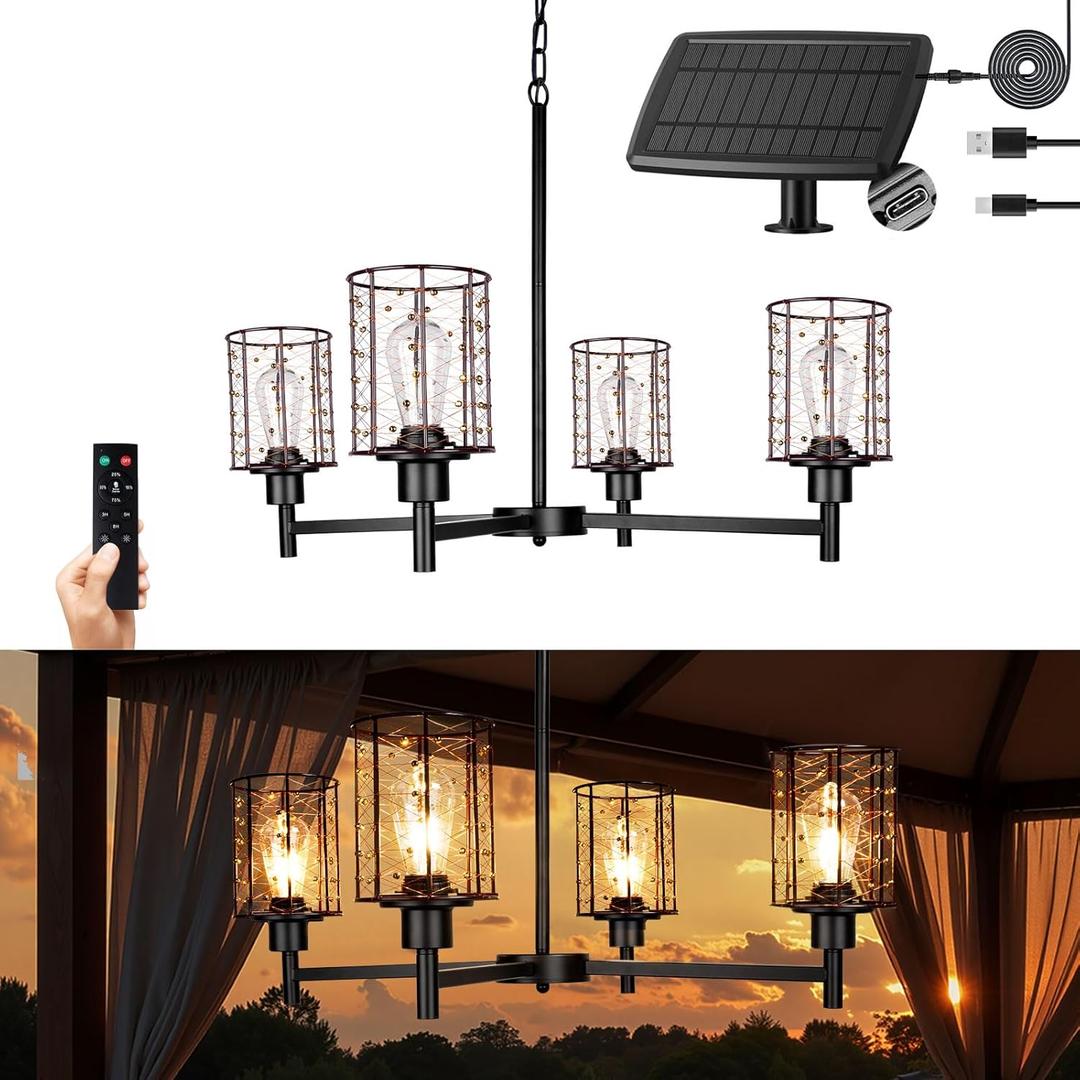 Solar Outdoor Chandelier, 4-Light 20" Hanging Copper Wire Pendant Lights, Waterproof Dimmable, Outdoor Chandelier for Gazebo, Porch, Pergola,