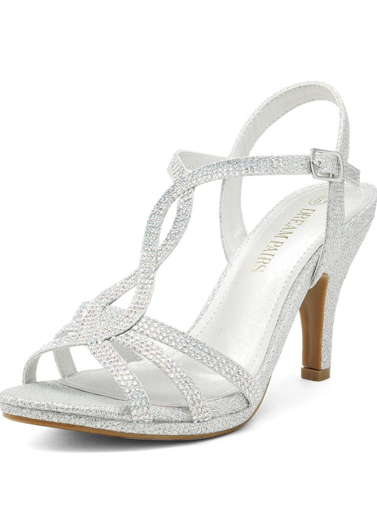 DREAM PAIRS Women's Kitten Heels Open Toe Stilettos Rhinestone Heels for Dressy Wedding, Size 7.5 Silver