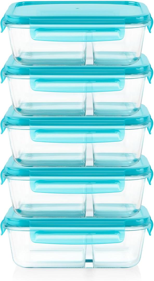 Pyrex Glass MealBox (5-Pack, 4 Cup) Divided Compartments with Locking Lids, For Meal Prepping and Portioning, BPA Free Microwave Dishwasher Safe