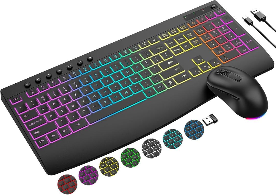 Wireless Keyboard and Mouse Combo, 9 Backlit Effects, 4000mAh Rechargeable Backlit Keyboard with Wrist Rest, 6 Button Mouse, 2.4G Full Size Quiet Keyboard Set for Computer, PC, Laptop, Mac, Windows