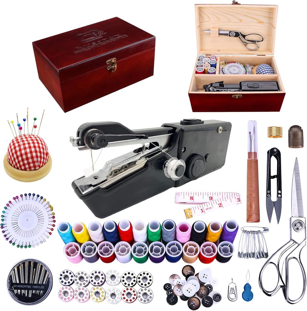Handheld Sewing Machine, with Elegant Wooden Sewing Box and 153-Piece Sewing Kit, Mini Portable Cordless Hand held Sewing Device, Perfect for Adults, Beginners, and Quick Home Repairs