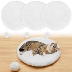 Abbylike 3 Pack 16" Round Cat Dog Bed Cushion Pad Mat Faux Rabbit Fur Pet Sleeping Mat with Small Ball Warm Plush Anti Slip Washable Cat Tree Tower Replacement Cushion Pad for Carrier Crate, White
