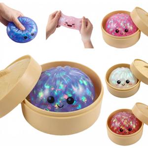 Glitter Dumpling Squishy Toy Dumpling Stress Ball with Steamer Case, Stress Relief Fidget Toy for Adults, Cute Squeeze Desk Toy Portable Toy Gift Idea (Shimmer Purple)
